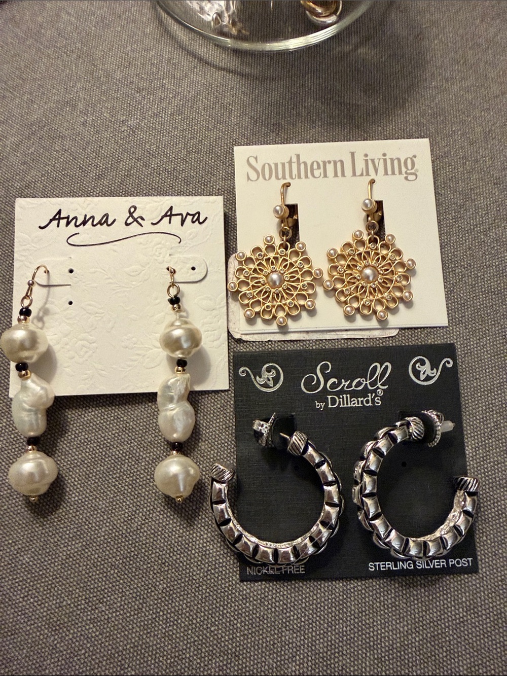 NWT 3 pair earring bundle pearl  Drops, Gold Filigree, Silver Hoop